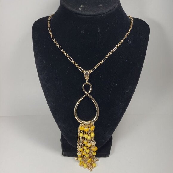 Gold Teardrop Infinity Tassel Necklace — Multi‑Strand Yellow Bead Accent Pendant - Picture 4 of 11